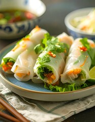 Fresh spring rolls filled with colorful vegetables and herbs, artfully arranged on a plate.