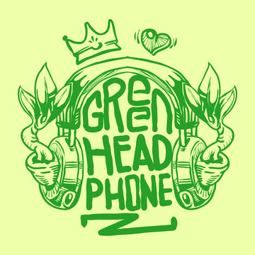 Green headphone with flowers and leaf, sybol of peace come from what you listen