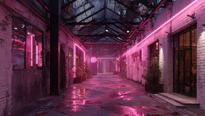 A neon-lit alleyway at night