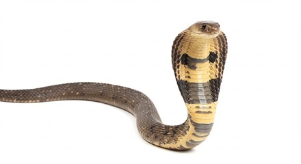     (Shiroii haikei Ikahaku suru kobura surudoi me Utsukushii moy) Translation: White background Intimidating cobra Sharp eyes Beautiful pattern. AI Generated