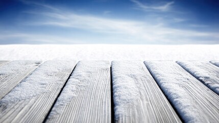 Snow-dusted plank resting on frozen ground, bathed in soft winter light