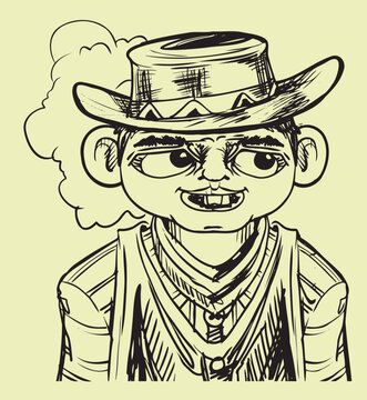 cowboy wearing hat with smoke backgtound vector hand draw illustration 