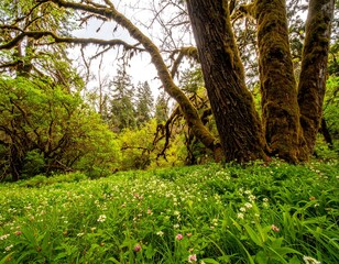Lush forest floor blanketed in wildflowers