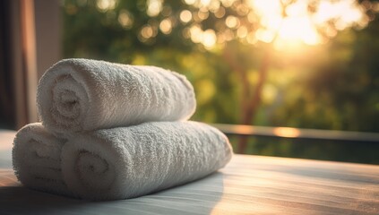 Rolled white towels on a bed, sunlight through window