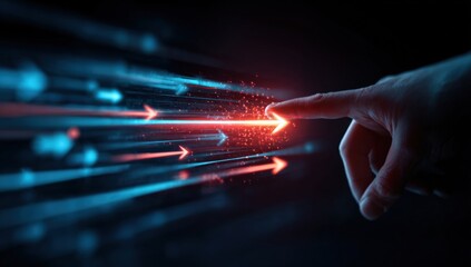 A hand's finger points towards a digital stream of arrows