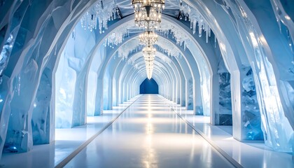 Walking Through Ice Cave Tunnel with Icicles and Chandeliers