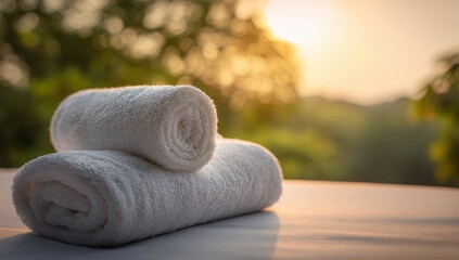 Rolled white towels on a surface, sunset backdrop