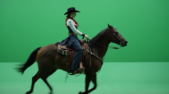 Cowgirl riding a horse gallops against a green screen backdrop for film production