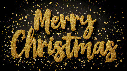 Glittering gold lettering spells out Merry Christmas against a dark background, adorned with sparkling stars and festive dots, creating a joyful holiday atmosphere