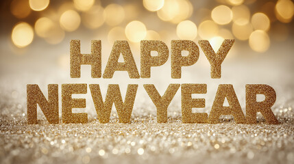 Festive greeting card design featuring glittery text saying Happy New Year against a shimmering golden bokeh background, perfect for celebrating the holiday season and spreading joy