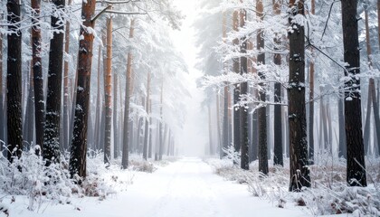 Snowy path through a winter forest