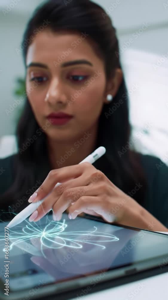 Poster professional's hands precisely manipulate a stylus on minimalist tablet creating intricate glowing 3
