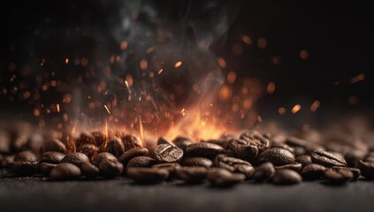 Roasted coffee beans with smoke and fire