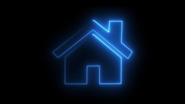 Neon line home icon. Neon line cool liner animated home icon. glowing house , home building animation . blue color home icon and black background. 