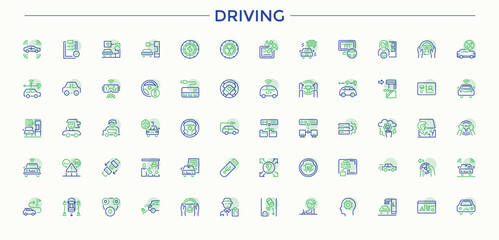 Driving colorful line icon set. Containing transportation, bus, ship, taxi, transport, travel, vehicle and more. Vector outline icons collection. Vehicle icon set. Editable stroke.