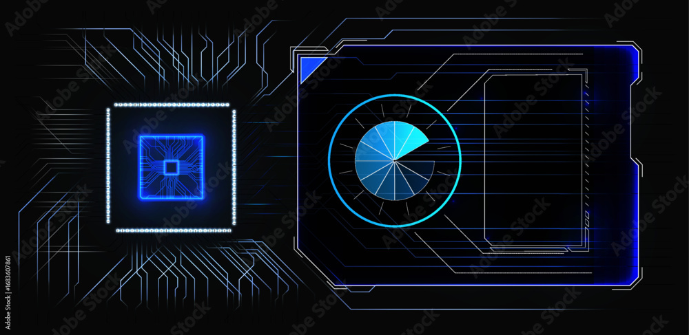 Poster a futuristic digital circuit design features a blue processor graphic alongside a pie chart. this co