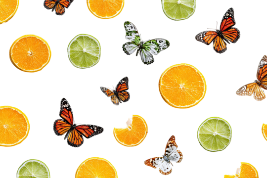 Citrus slices and butterflies on black background