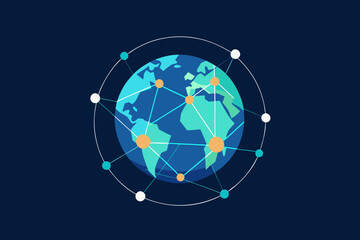 Global network connection vector illustration showing earth with digital connections and orbiting nodes