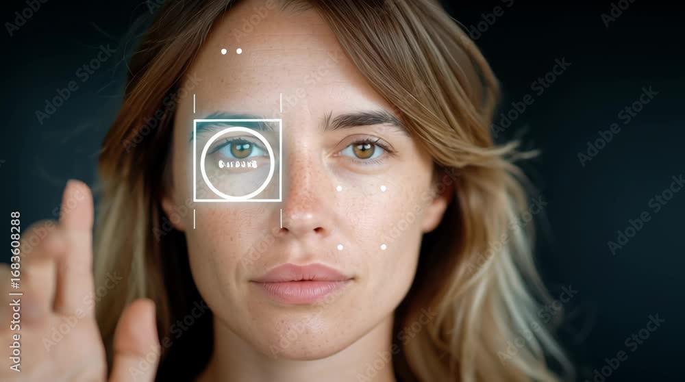 Poster woman uses biometric security scan. technology with facial recognition. biometric identity system fo