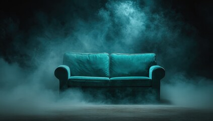 Teal couch in a dark, smoky room