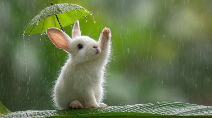A baby hare sits on a green leaf and covers itself from the rain with a green leaf umbrella
