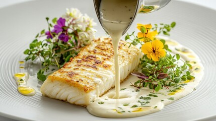 Premium veloute sauce being poured over pan-seared white fish fillet garnished with vibrant edible flowers and fresh microgreens on elegant white plate