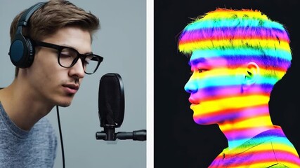 Podcasting and digital art merge in a split image featuring a man recording with a microphone and a man with a glitch effect. This represents modern media technology. Video made using Generative AI. - Powered by Adobe