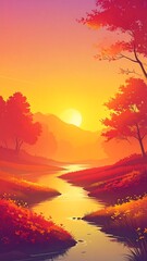 A vibrant, sun-drenched landscape at sunrise, showcasing a winding river meandering through a colorful, floral meadow.