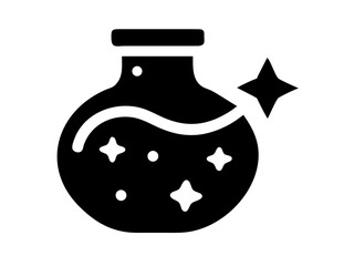 Black and white illustration of a potion bottle with stars and a wavy line inside the container