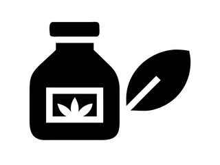 Black bottle with leaf icon representing natural product or herbal medicine in a simple illustration