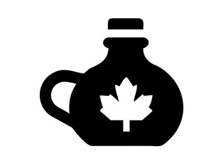 Black syrup bottle with a maple leaf on it and a handle on the left side of the container design