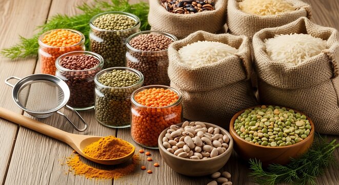 Rustic Pantry Bounty - A Colorful Array of Dried Legumes, Grains, and Spices.