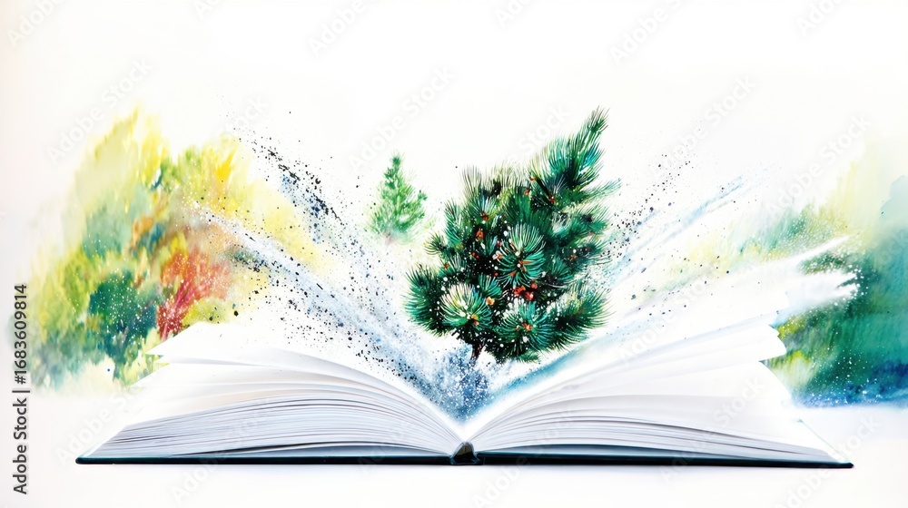 Poster creative explosion of nature from an open book representing imagination and knowledge at a tranquil 