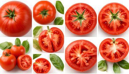 Fototapeta premium A collage of fresh tomatoes and tomato leaves, featuring whole tomatoes, sliced halves revealing juicy red interiors with seeds, and green leaves.