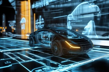 Futuristic electric car displayed in a high-tech interactive environment with digital graphics
