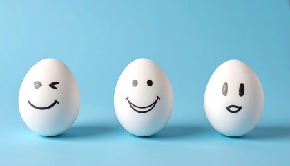 Three white eggs, each with a different expressive emoticon, are arranged against a vivid light-blue background.