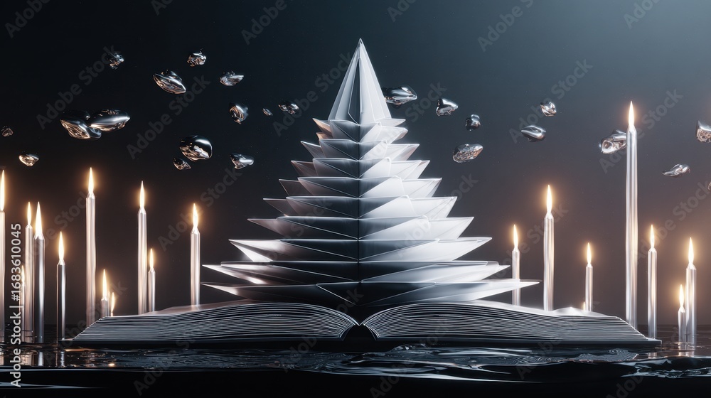Poster illuminated paper pyramid atop an open book surrounded by floating water droplets and soft candlelig