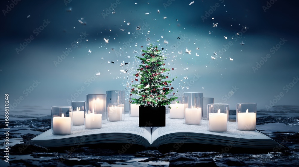 Poster magic of christmas tree coming alive from an open book surrounded by glowing candles in an ethereal 