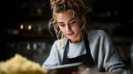 A focused young woman in an apron intently uses a digital tablet likely following a recipe or managing tasks in a dimly lit kitchen