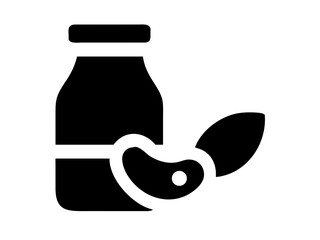 Illustration of a jar with a horizontal stripe and two almonds leaning against it in black color