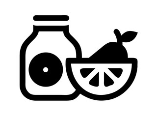Illustration of a jar next to a half citrus fruit with a pear on top in black and white simple style