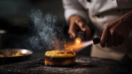 A chef meticulously caramelizes a rich dessert with a blowtorch creating a perfect crisp topping in a professional kitchen setting