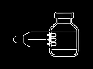 Obraz premium Outline of a syringe injecting into a vial with a label on a black background in a minimalist style