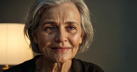 Capturing Senior woman shifting from contemplative gaze to gentle smile at home, with glowing lamp - Powered by Adobe