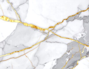 Fototapeta premium A stunning marble surface showcases captivating veining patterns in white and gray, accented by shimmering gold lines, creating an elegant and luxurious aesthetic.