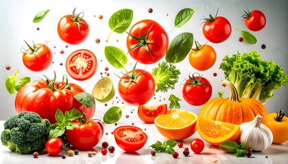 Vibrant display of fresh fruits and vegetables in motion, showcasing a colorful and healthy assortment, with tomatoes, oranges, pumpkins, and other produce in dynamic compositions, against a bright...