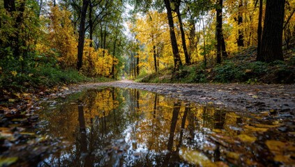Obraz premium Autumnal puddle reflection in a forest path