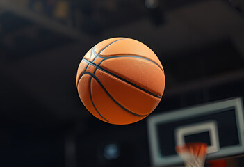 basketball ball in mid-air approaching the hoop during an intense game, dynamic sports action shoot