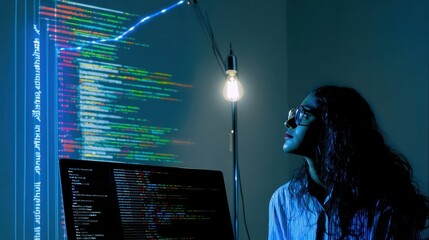 Coding creativity sparks innovation in a modern workspace with bright screens and programming code visualization