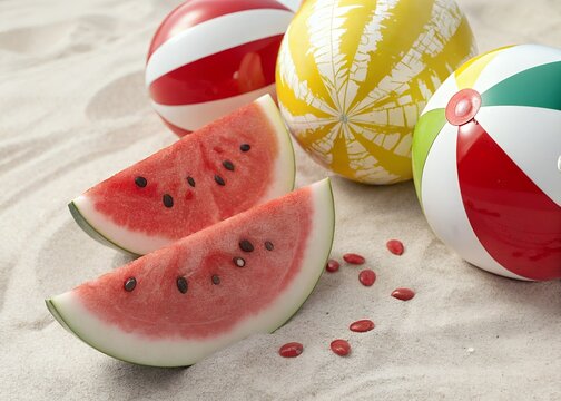 Refreshing watermelon slices and beach balls on a sandy surface - Powered by Adobe